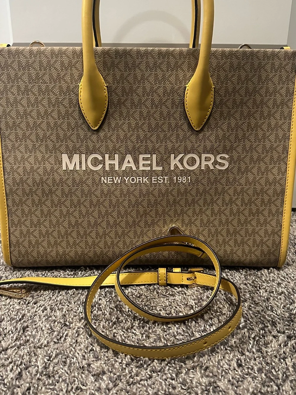 Michael Kors Brown Logo Tote with Yellow Trim